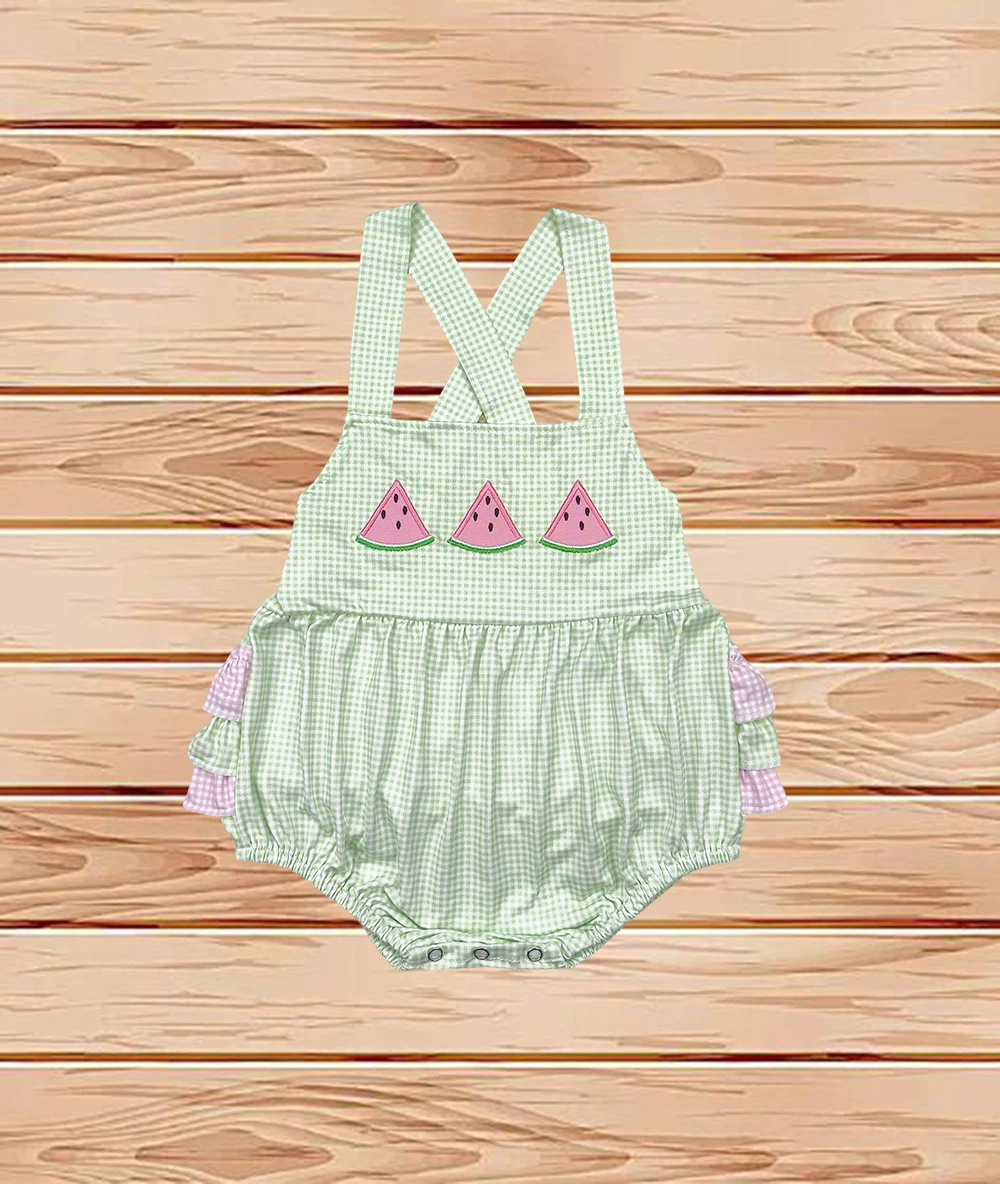 

4.12 Wholesale western boutique onesies Newborn toddler Embroidery Baby Infant Girls Summer Wateremelon Green Ruffles Rompers