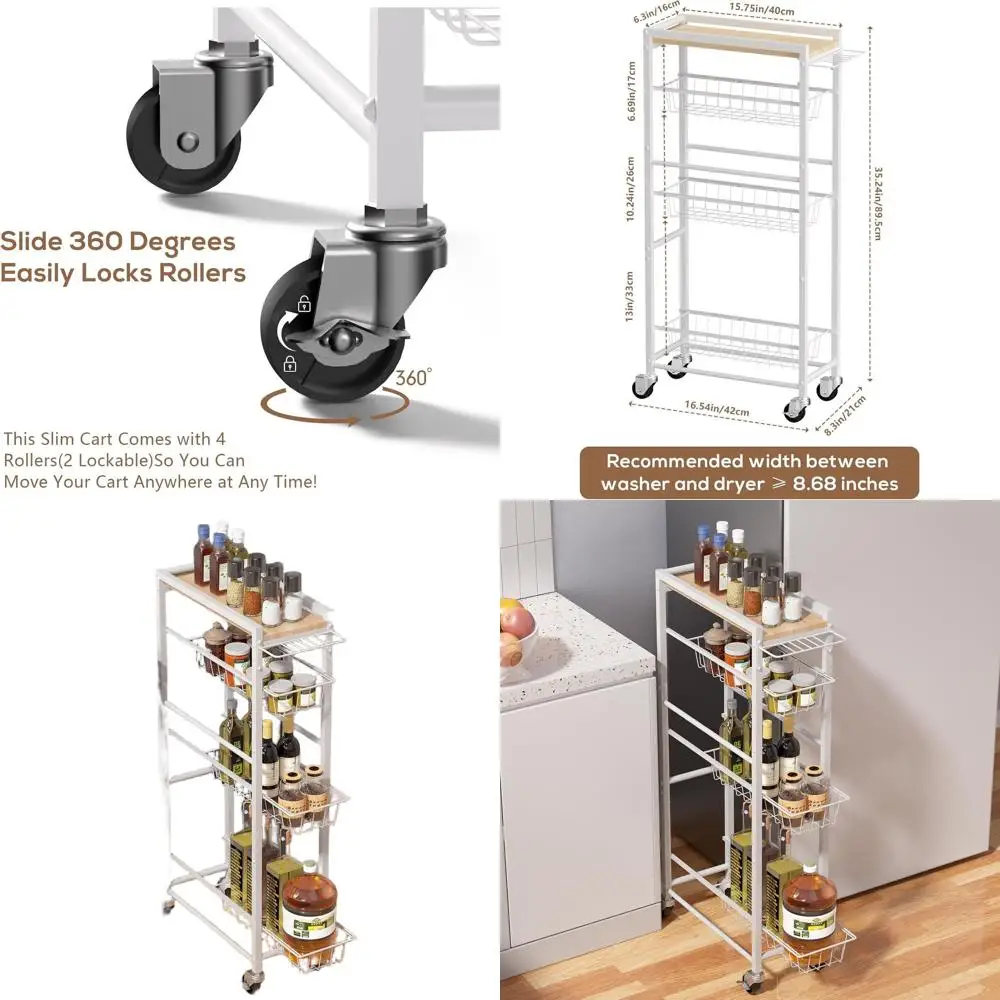 

Многоуровневая тонкая тележка на колесиках с выдвижными корзинами для использования на кухне и стирке
