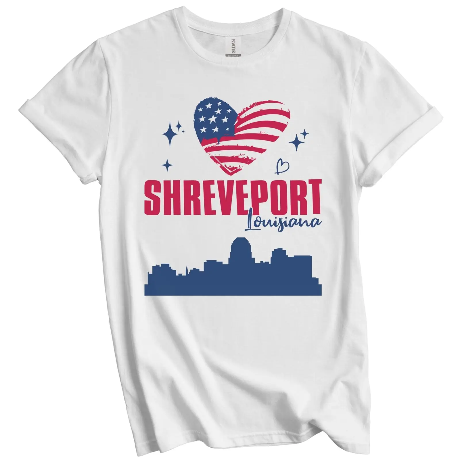 Shreveport Louisiana Skyline American Flag Heart 4th of July T-Shirt