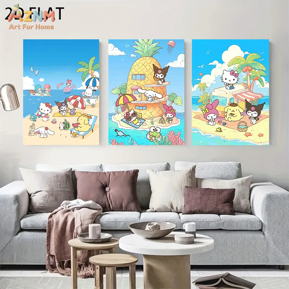 AZNM Sanrio Characters Summer Beach Pineapple House Canvas Wall Art, Frameless Cute Cartoon Print Poster For Girls Bedroom Nurse