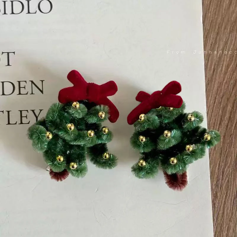 2pcs Christmas Flocking Duckbill Clips, Handmade Knitting, Plush Bow Hair Clips, Christmas Tree Hair Bands, Cute Clip