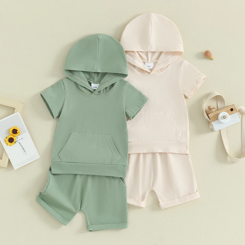 SUNSIOM Toddler Boys Summer Outfits Solid Color Pocket Hooded Short Sleeve T-Shirts Tops and Elastic Waist Shorts Clothes Set