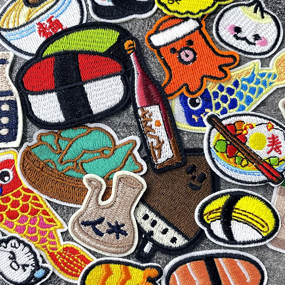 20Pcs/Lot Cartoon Sushi Fish Patches Embroidery Iron on Clothes Jeans Apparel Decoration Appliques Clothing Repair Holes