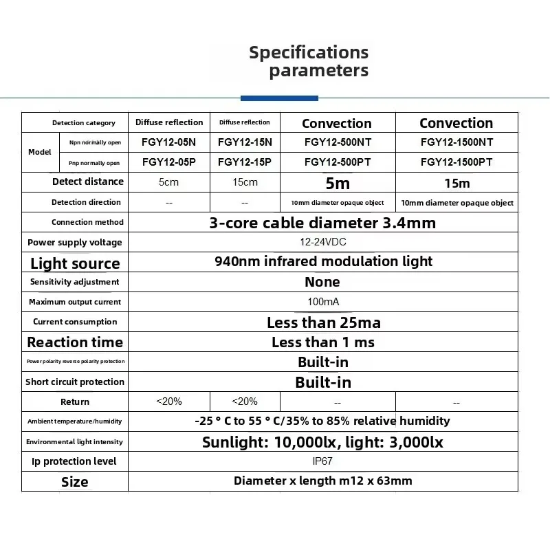 Circular photoelectric sensor diffuse reflection FGY12 series detection distance 5cm-5m sensor