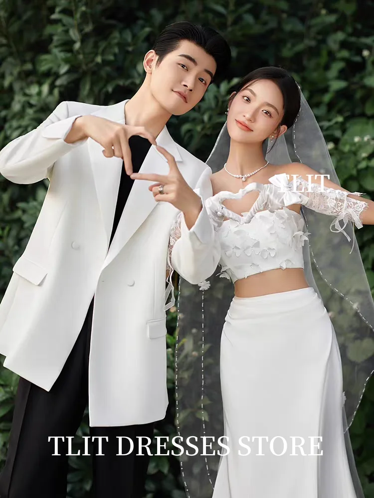 TLIT Elegant Silk Satin Two-Pieces Wedding Dresses 웨딩드레스 Appliques Butterfliers Korea Wedding Dress Photos Shoot Customized