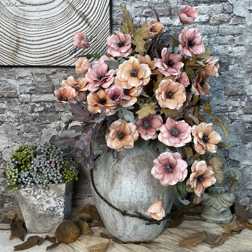 SunMade New Luxury Classical 3 Heads Anemone Branch Fake Flowers Home Wedding Decoration Fall Decor Blue Flores Artificiales