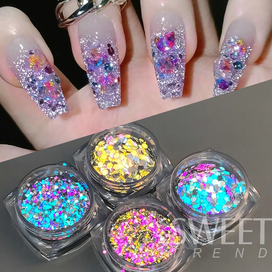 Reflective Prism Nail Slices Spangles Iridescent Crystal Sequins Hexagon Paillette Gorgeous Charm Diamond Decoration Flakes LYFG