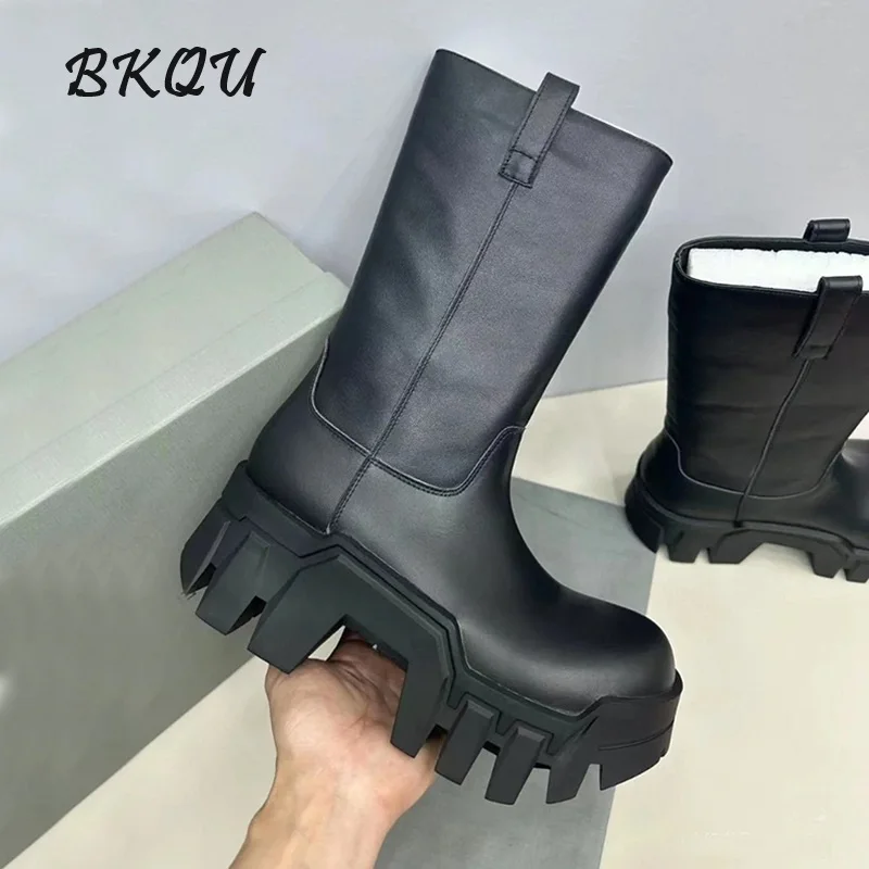 

BKQU bulldozer Chelsea boots for women 2025 spring new trend all-legged tank thick-soled elevating mid-calf western boots