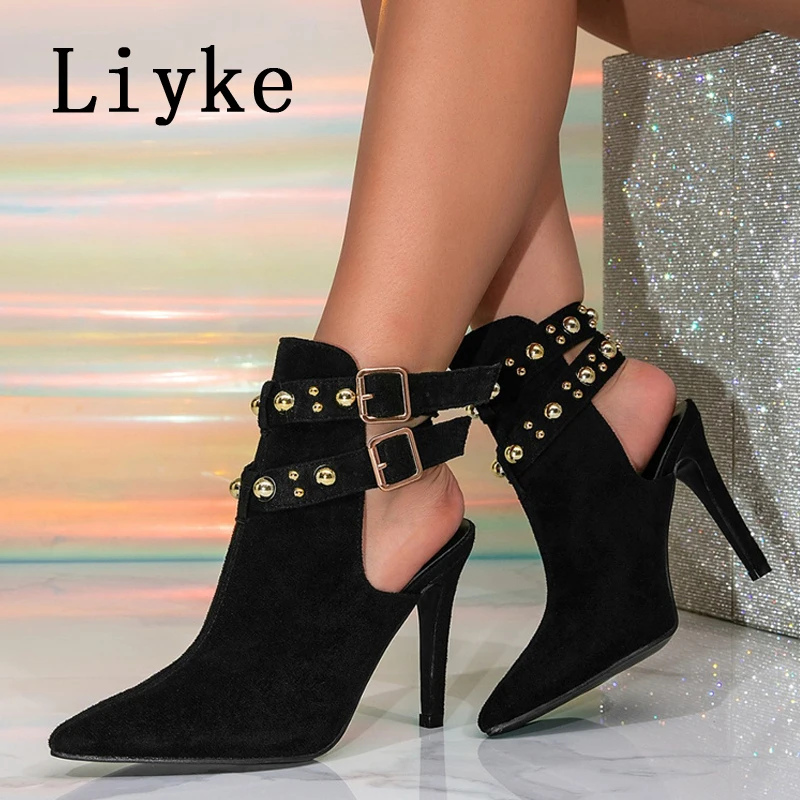 Liyke Spring Autumn Shoes Women Fashion Metal Rivet Double Buckle Strap Hollow Out Ankle Boots Sexy Pointed Toe Black High Heels