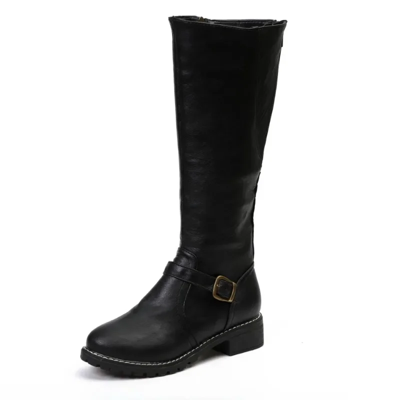 Botas de salto quadrado de joelho PU marrom para mulheres, decoração de metal, sapatos luxuosos para mulheres, motocicleta, 3cm