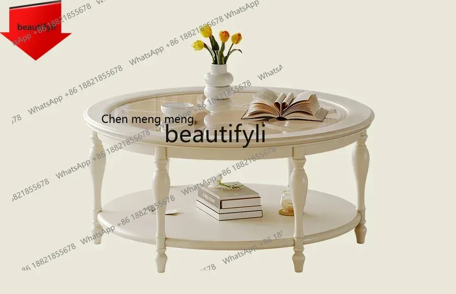 

E153 French cream wind round coffee table, modern simple small apartment living room home tempered glass tea table