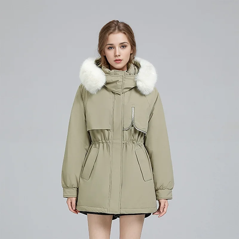 

Women's Winter Parka 2025 Female Fur Collar Thicken Warm Cotton Jacket Minimalist Waist Drawstring Quilted Jacket For Lady