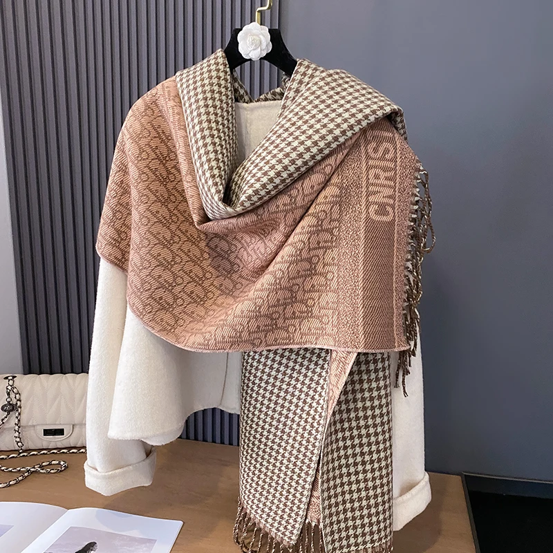 2024 Luxury Women Cashmere Winter Scarf Stripe Print Female Foulard Pashmina Large Double-sided Thick Warm Shawl Blanket Wraps