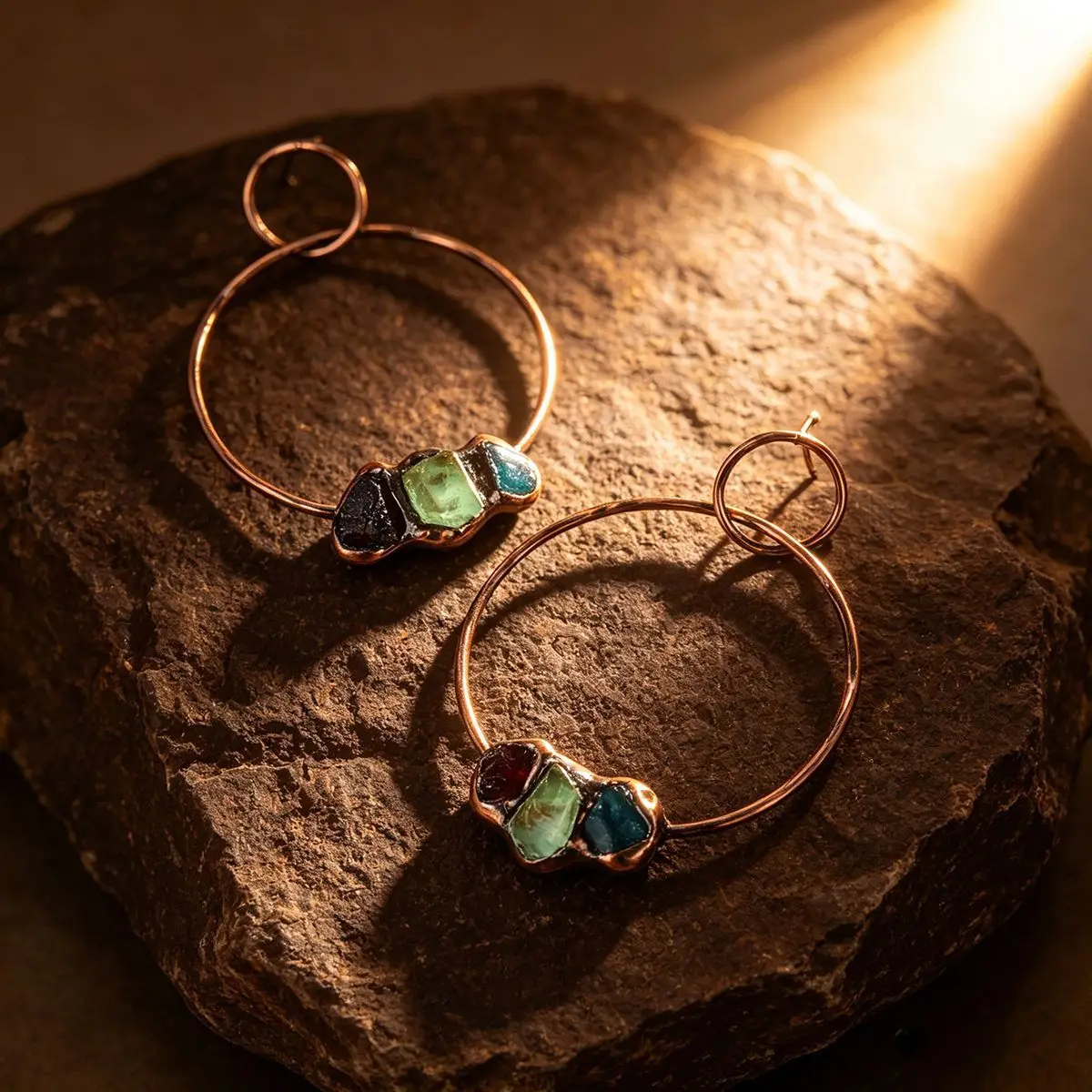 YEEVAA Antique Copper Triple Raw Gemstone Hoop Earrings, Boho Electroformed Multi-Stone Statement Earrings for Women