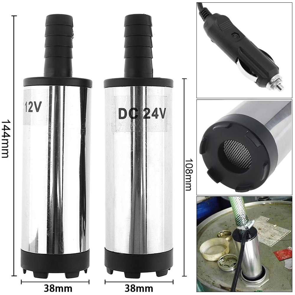 DC 12V 24V 38MM Portable Mini Car Electric Submersible Pump fit for Diesel Fuel Pump Water Oil Barrel Pumps with 2Alligator Clip