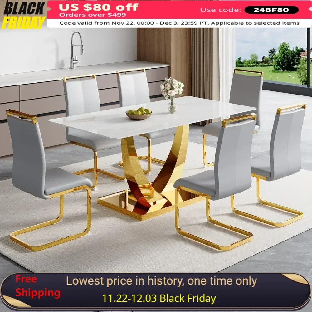 

Dining Room Table Sets ,Rectangle Kitchen Tables Set with Leather Chairs,with Tempered Glass Top ,Faux Marble Dinner Table Set