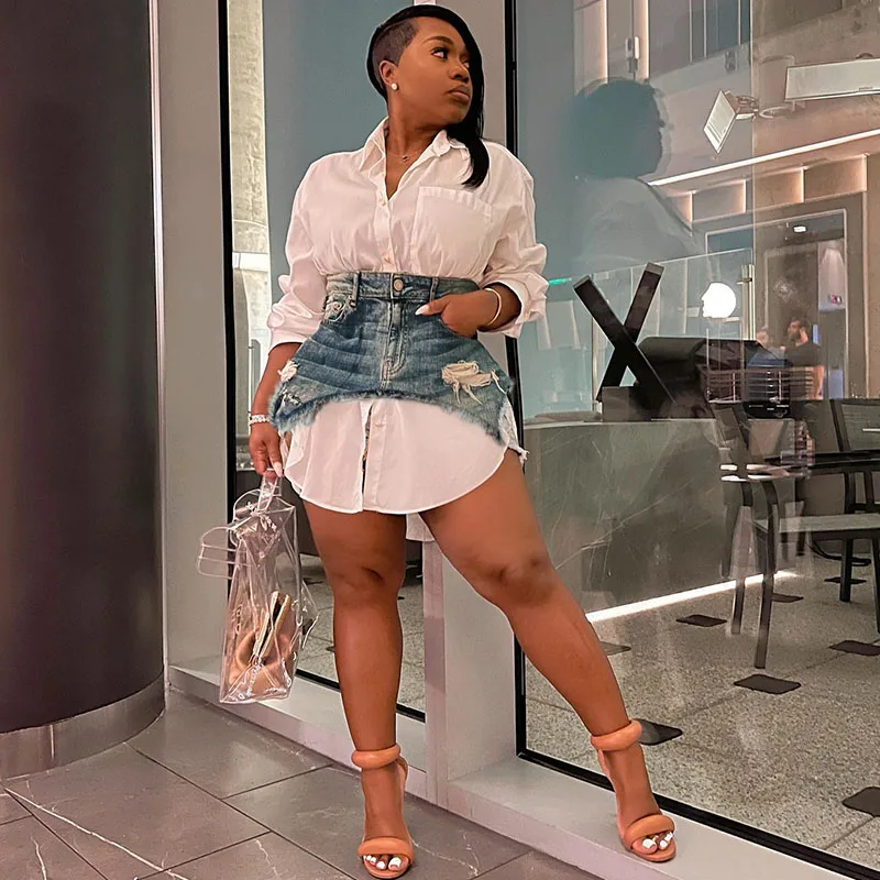 

Doyerl Комплекты платьев-рубашек с длинными рукавами и джинсовыми мини-юбками для женщин Одинаковые комплекты Уличная одежда Harajuku Клубная одежда из 2 предметов