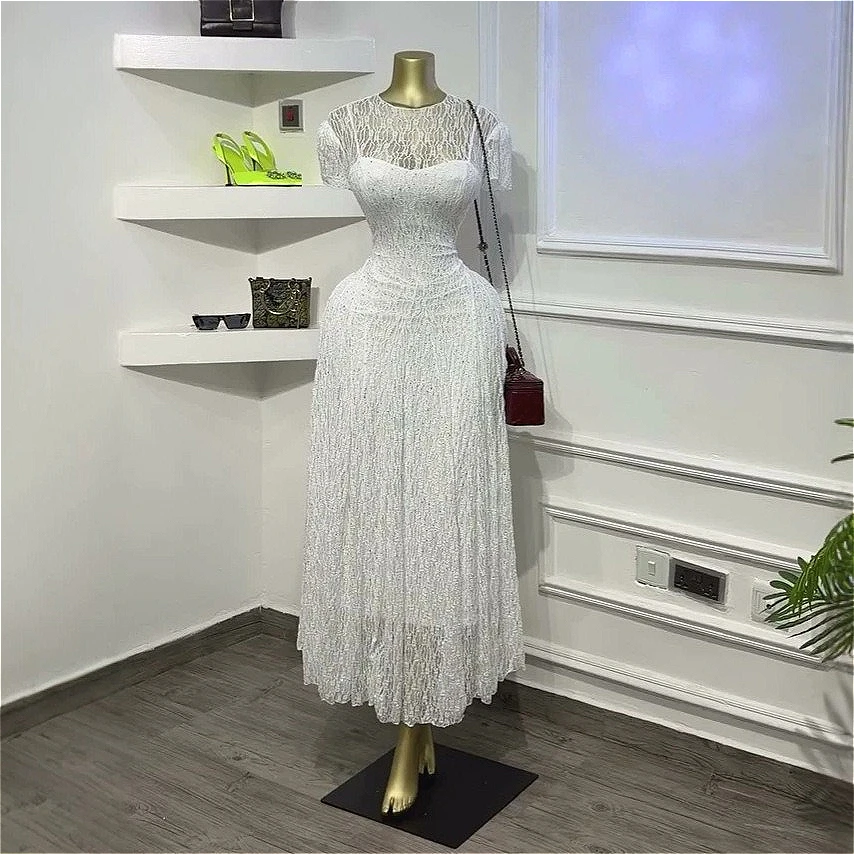 Langes Kleid für Damen, Weiß, A-Linie, Vestidos, Spitze, Y2K Streetwear, Rundhals, Kurzarm, Elegant, Party, Süß, Arbeit, 2026