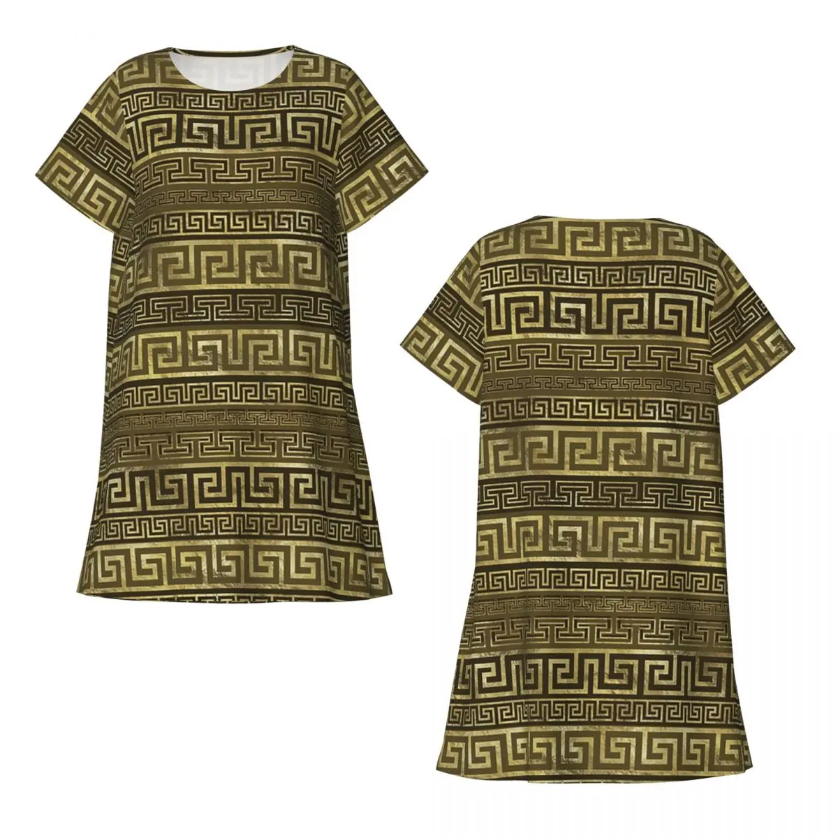 

Custom Greek Keys Meander Gold On Black Short Sleeves Nightdress For Sleepshirts Women Short Sleeve Nightgowns Soft Pajama Dress