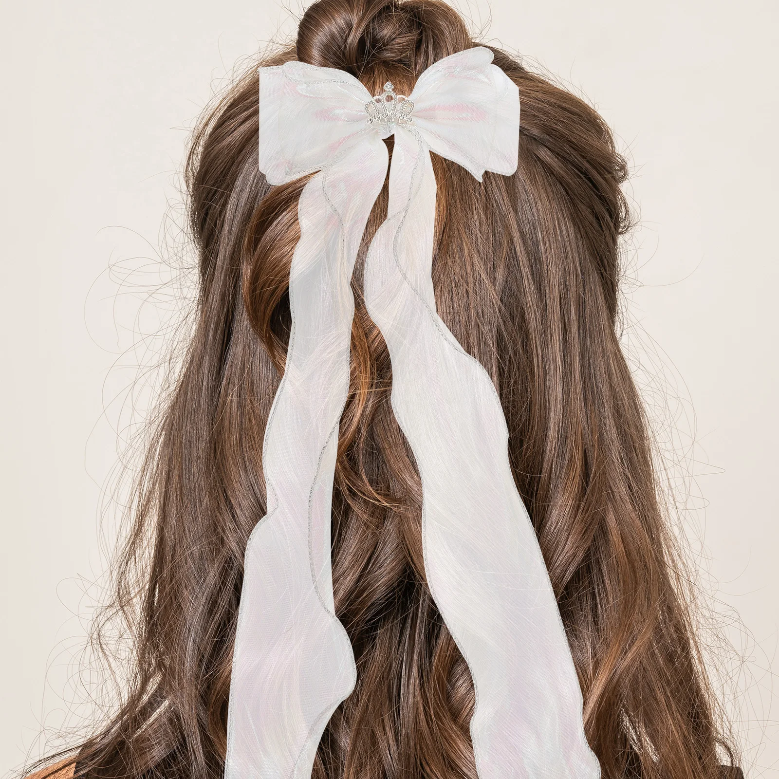 

2Pcs Lace Bow Hair Clips Sparkling Rhinestone Crown Decoration Long Ribbon Trendy Accessories for Women Hair Ribbon