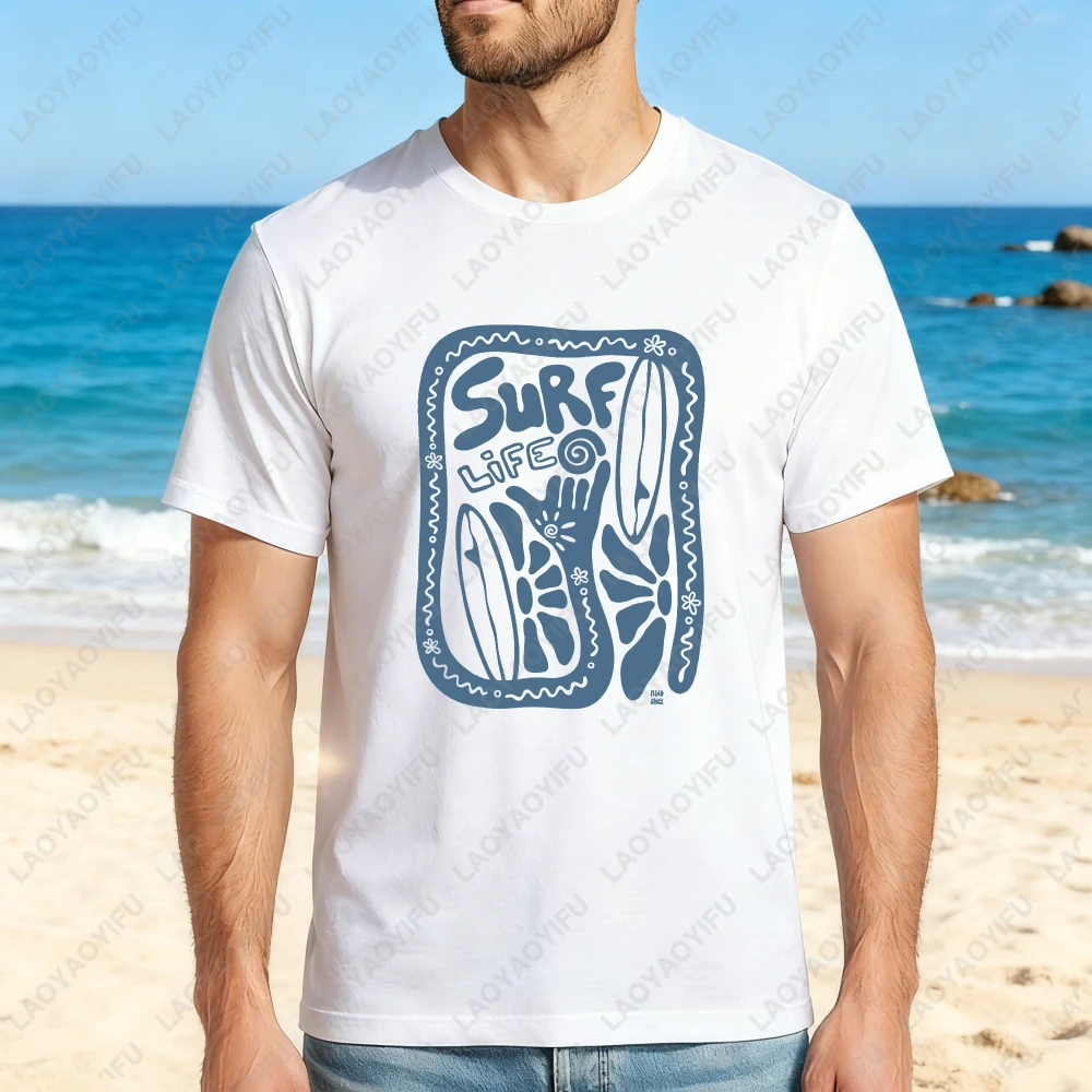 Surf Life Pattern With Surfboard And Palm Tree Unisex Cotton T-Shirt Beach Summer Casual Wear For Men Women