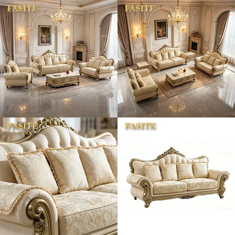For European Classic Living Room Antique Gold Luxury Royal Sofa Set Villa Furniture 1 2 3 Seater Solid Wood Fabric Sectional