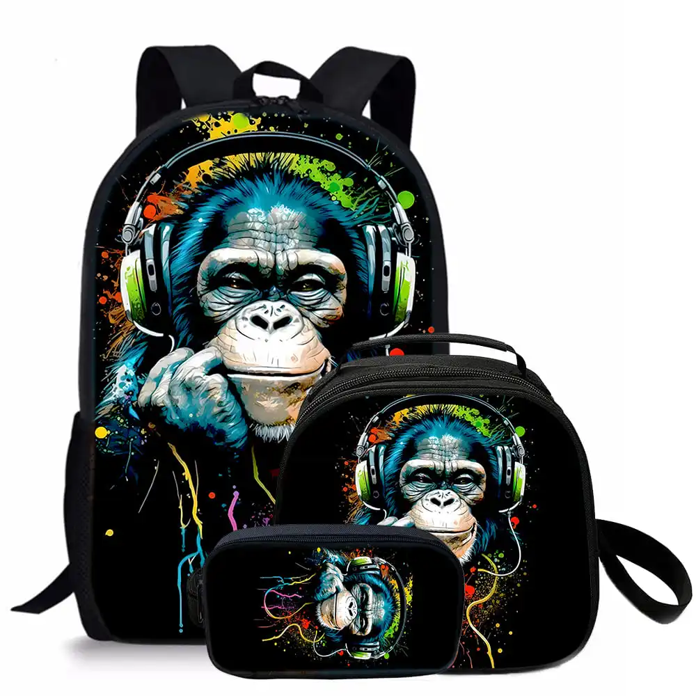 The Gorilla Wearing Headphones Three Piece Set Backpacks For Boy And Girls Best Gifts 2D Cartoon School Backpack For Children
