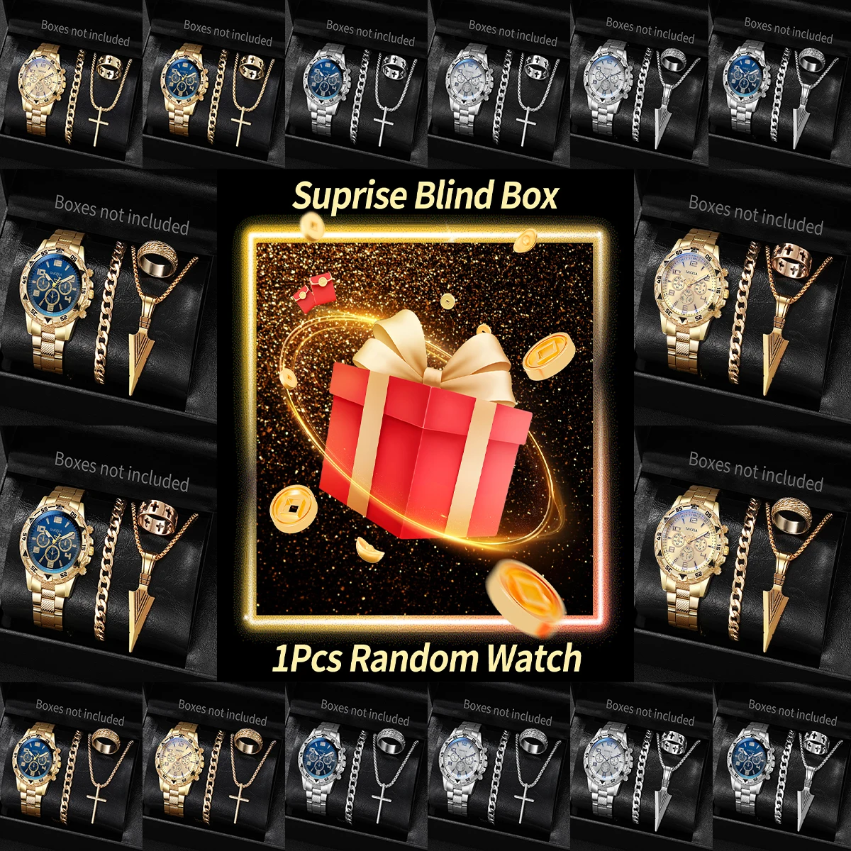 1Set Surprise Watch Mystery Box-Fashion Stainless Steel Band Men Business Watches Jewelry Set Reloj Hombre（Without Box）