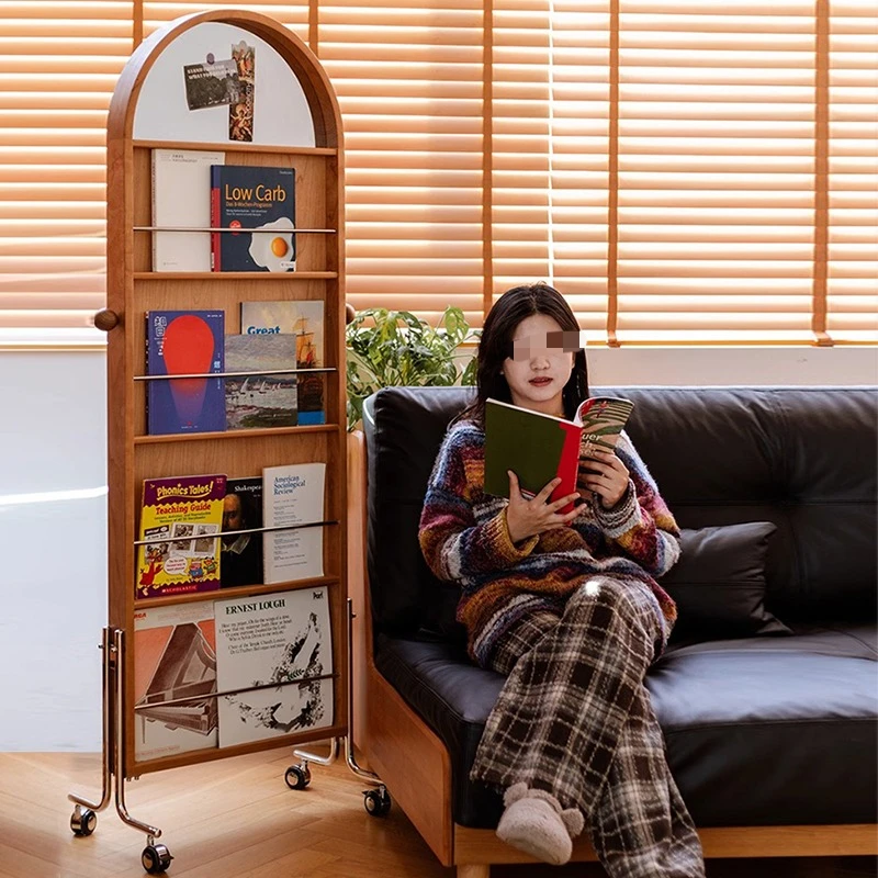 Retro floor mirror full-length mirror household creative magazine book shelf medieval movable solid wood try-on mirror