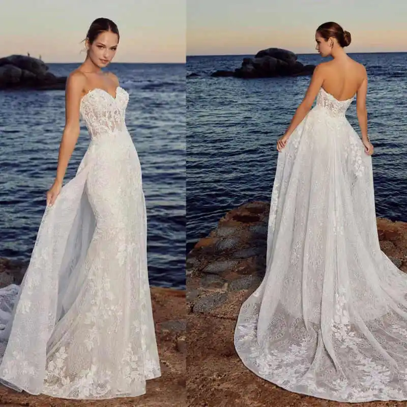 

Elegant Sweetheart Mermaid Wedding Dresses Lace Appliques Backless Bride Gowns Sleeveless Sweep Train Customized