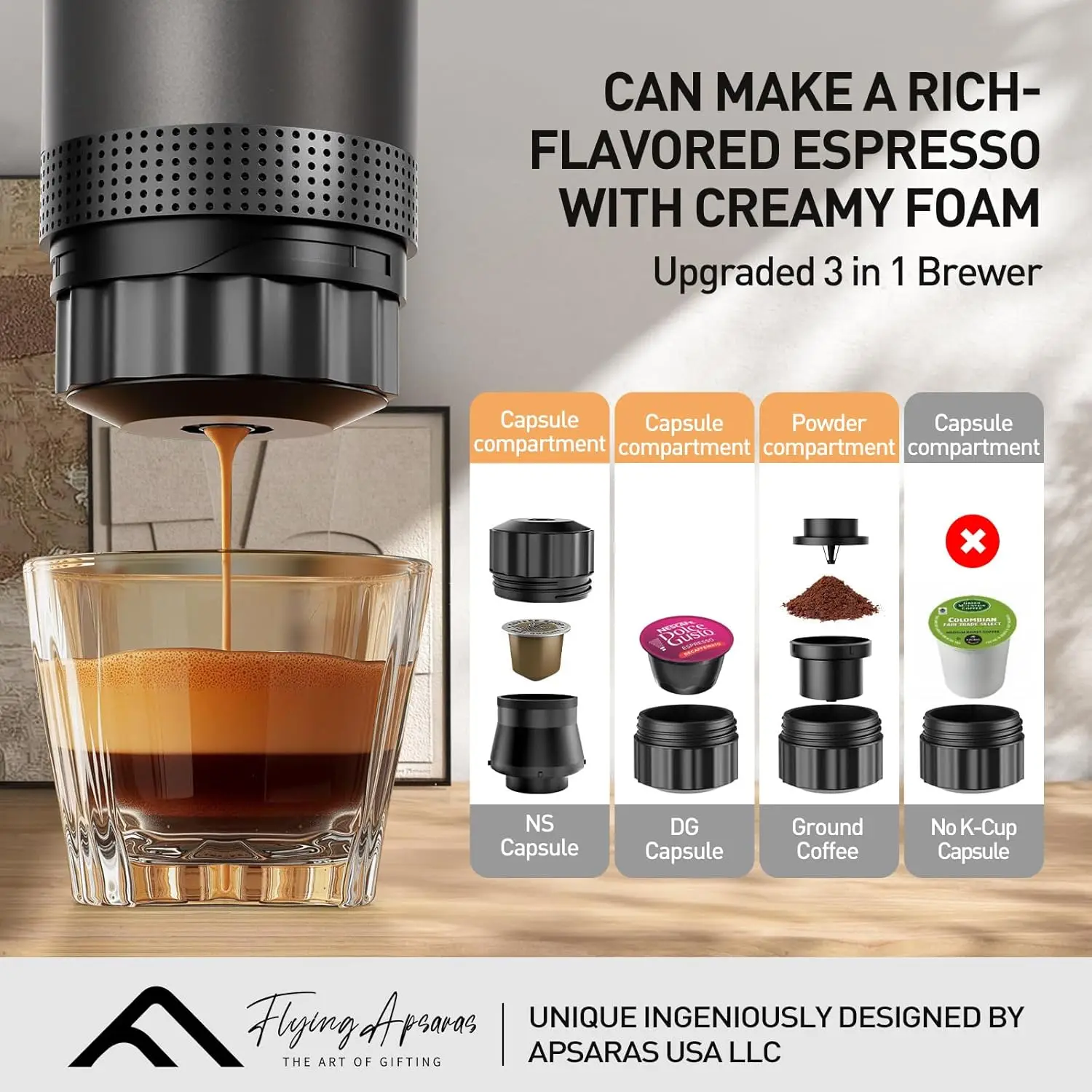 ماكينة صنع القهوة المحمولة للسفر، ماكينة اسبريسو محمولة، ماكينة اسبريسو صغيرة 20 بار، ماكينة صنع القهوة للسفر 3 في 1 مع شركة أرضية