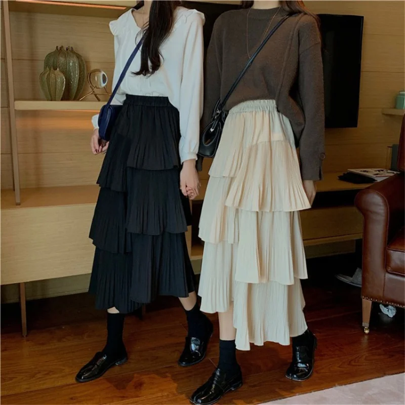 High Waist Black Irregular Cake Skirt Women Retro Casual Multi-layer Pleated Ruffles Korean Fashion Clothing Faldas Mujer Street