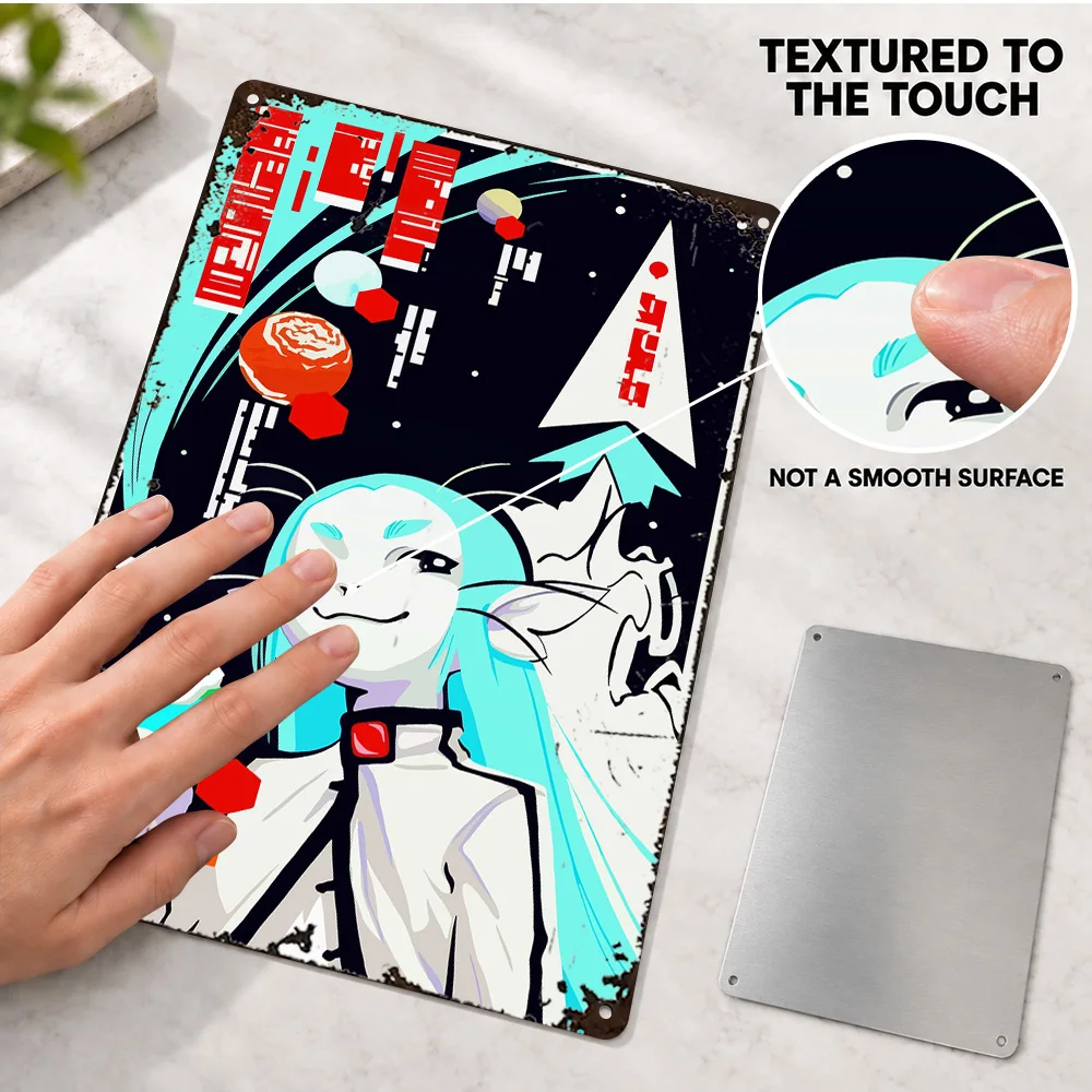 Anime Character Holding Earth Aluminum Poster Personalized Metal Sign Minimalist Vector Illustration Wall Art For Living Room