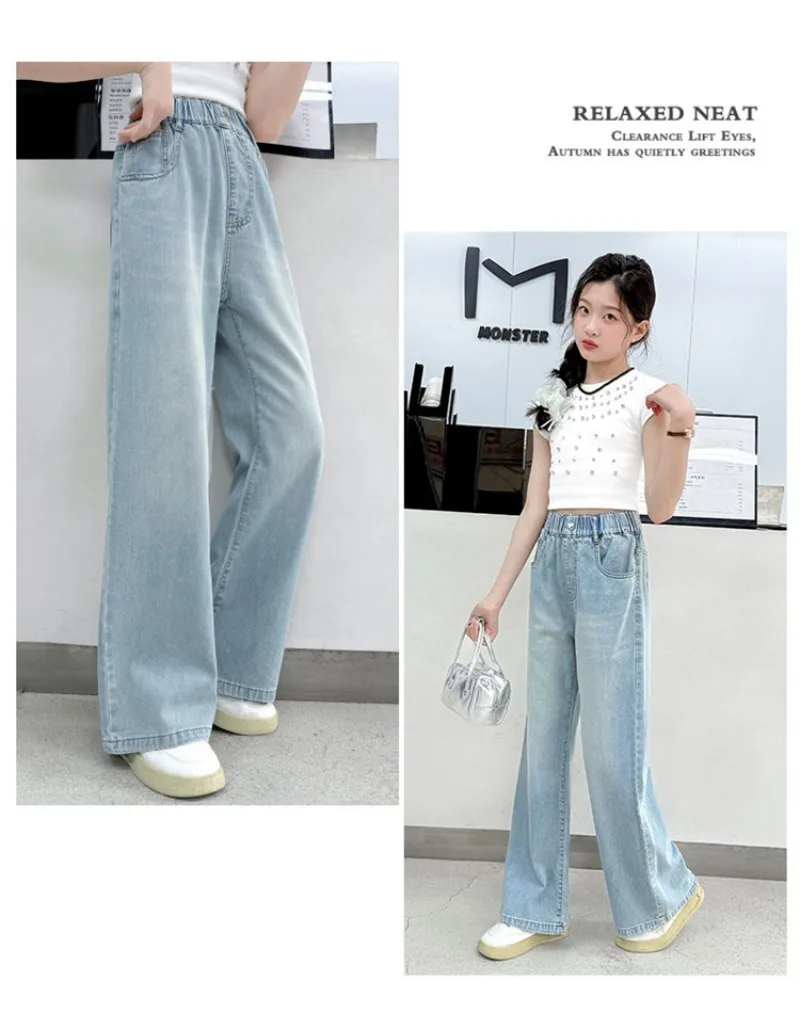 OLEKID Frühlings-Jeans für Mädchen mit Taschen, Kinder-Denim-Hose mit lockerem, elastischem Bund, 4-14 Jahre, Mädchenhose, Babyhose – Detail 9