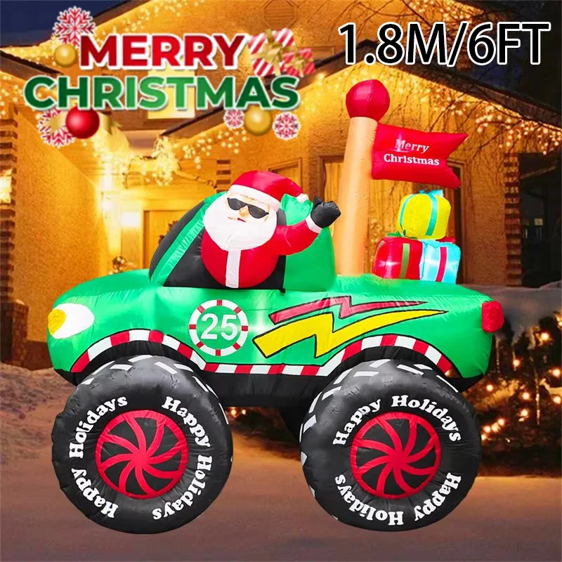 1.8M/6FT Holiday Glowing Christmas Inflatable Decoration Santa Claus Drive Off-road Vehicle Homes DIY Festival Party Xmas Decor