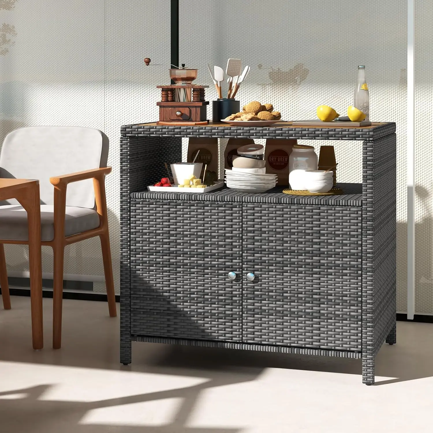 Outdoor Rattan Storage Cabinet, Patio Sideboard Buffet Cabinet with Acacia Wood Countertop, Open Shelf & 2 Door Cabinet, Wicker