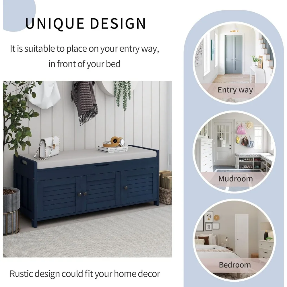Upholstered Storage Bench with Removable Cushion and Hidden Storage - Wooden Entryway Shoe Ottoman for 3 Pairs