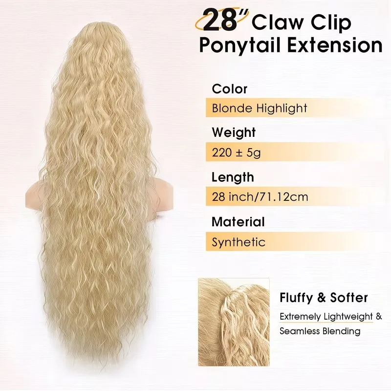 28 Inch Claw Clip In Ponytail Extension Synthetic Ponytail Hair Extension for Thin Hair Instant Volume Length Natural Look Easy Ponytail for Daily Wear Blonde Highlight