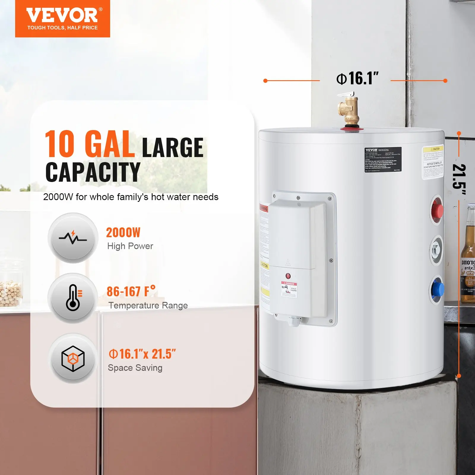 

Electric Water Heater, 10 Gallon Tank Instant Hot Water Heater, 1.6Kw Tankless Water Heater W LED Display,Knob Control, IPX4