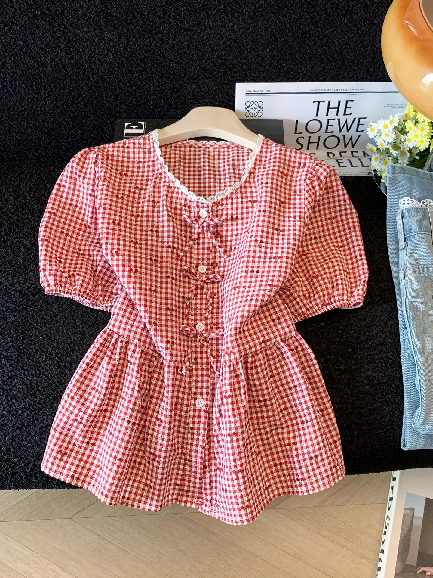 

Summer Sweet Style Short Sleeve Shirt Women's Fruit Cherry Polka Dot Plaid Doll Top Knot Casual Breathable Thin Fabric