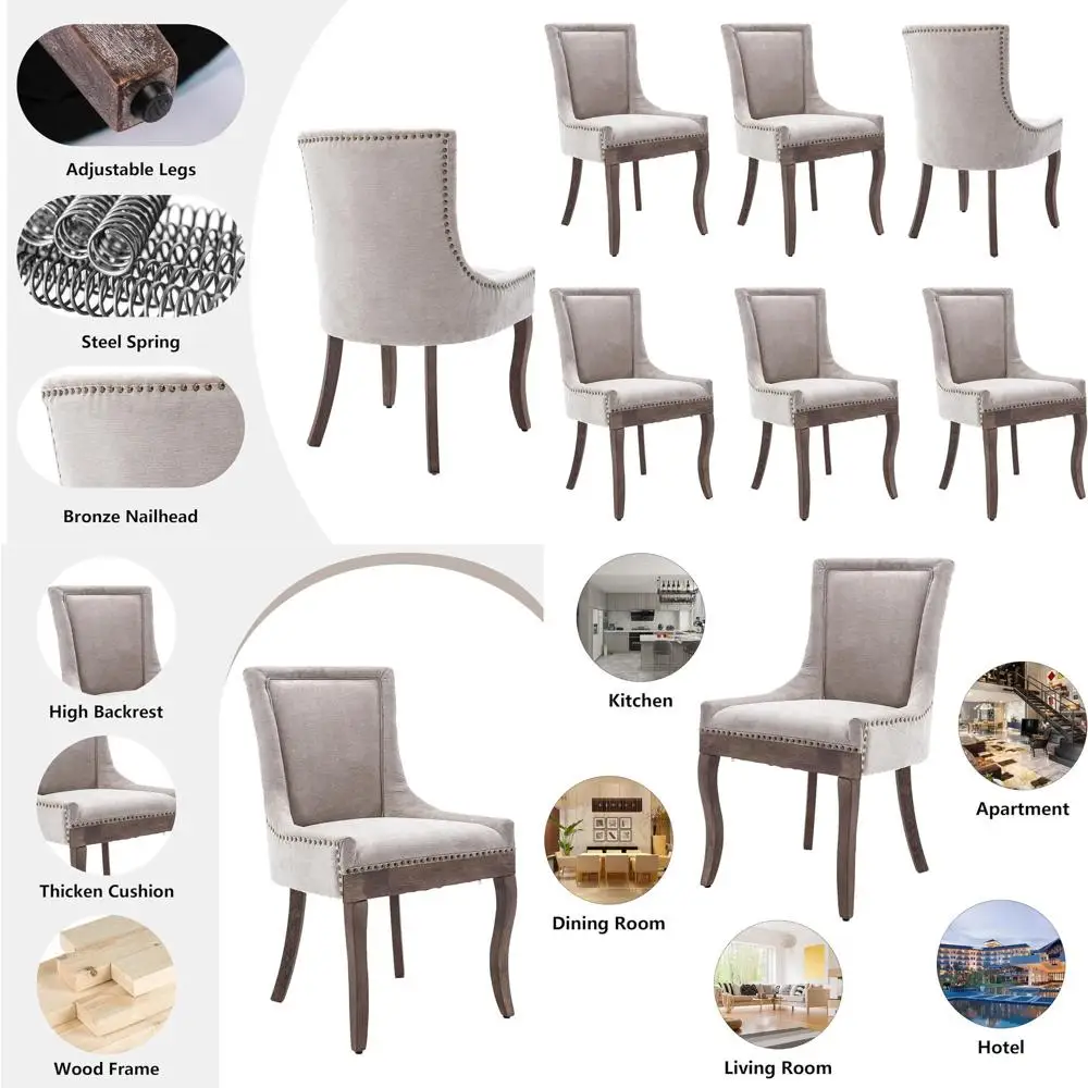 

Набор из 6 обеденных стульев с обивкой из ткани с деревянными ножками, бронзовыми гвоздями, дизайн с высокой спинкой для кухни или гостиной, бежевый
