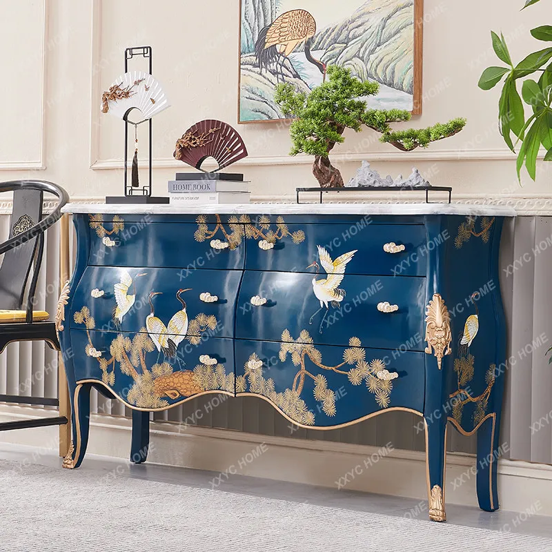 Luxury Royal Blue Hand Painted Crane Villa Entry Door Solid Wood Entrance Partition Decorative Cabinet