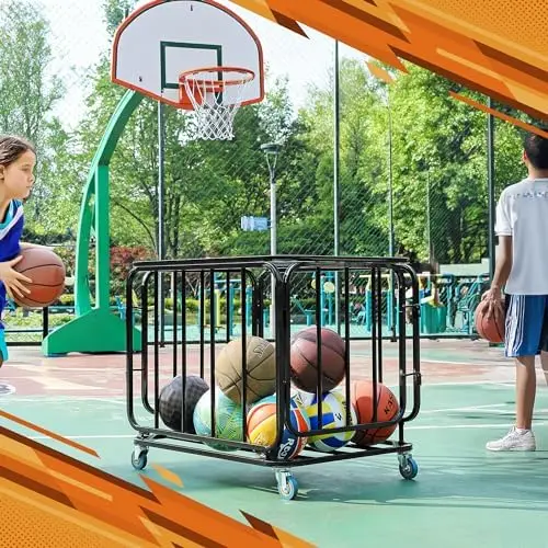 Gaiola organizadora de metal para esportes e entretenimento com rodas, compartimento de armazenamento de basquete eficaz e suporte para carrinho de bola