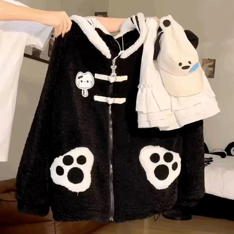 

Женская куртка из искусственной овчины в консервативном стиле Kawaii, милое черное пальто с длинными рукавами Harajuku Y2K, толстая теплая верхняя одежда с матросским воротником в стиле аниме