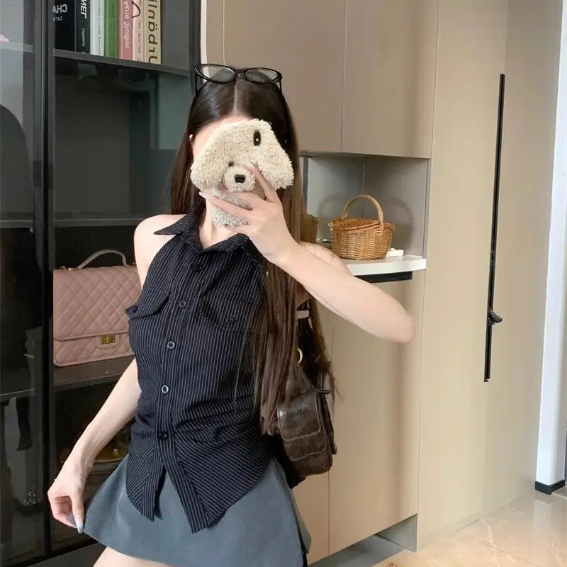 Y2k estética listra vertical sexy blusa feminina sem mangas fino ajuste grunge camisa harajuku turn down collar bandagem recortada topos