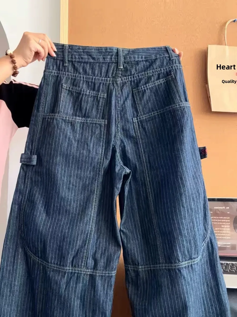 Retro High Street Wide Leg Workwear Jeans Trendy Brand Women's BF Lazy Knife Long Pants Blue Stripes Embroidery Letter Design