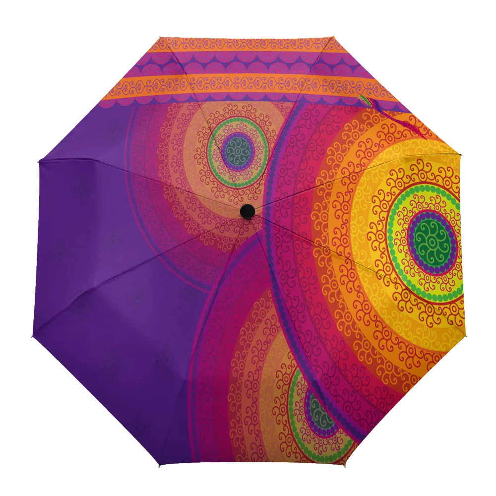 India Circle Flower Mandala Colourful Creative Umbrella Rain Women Automatic Three Folding Umbrellas Windproof Parasol Parapluie