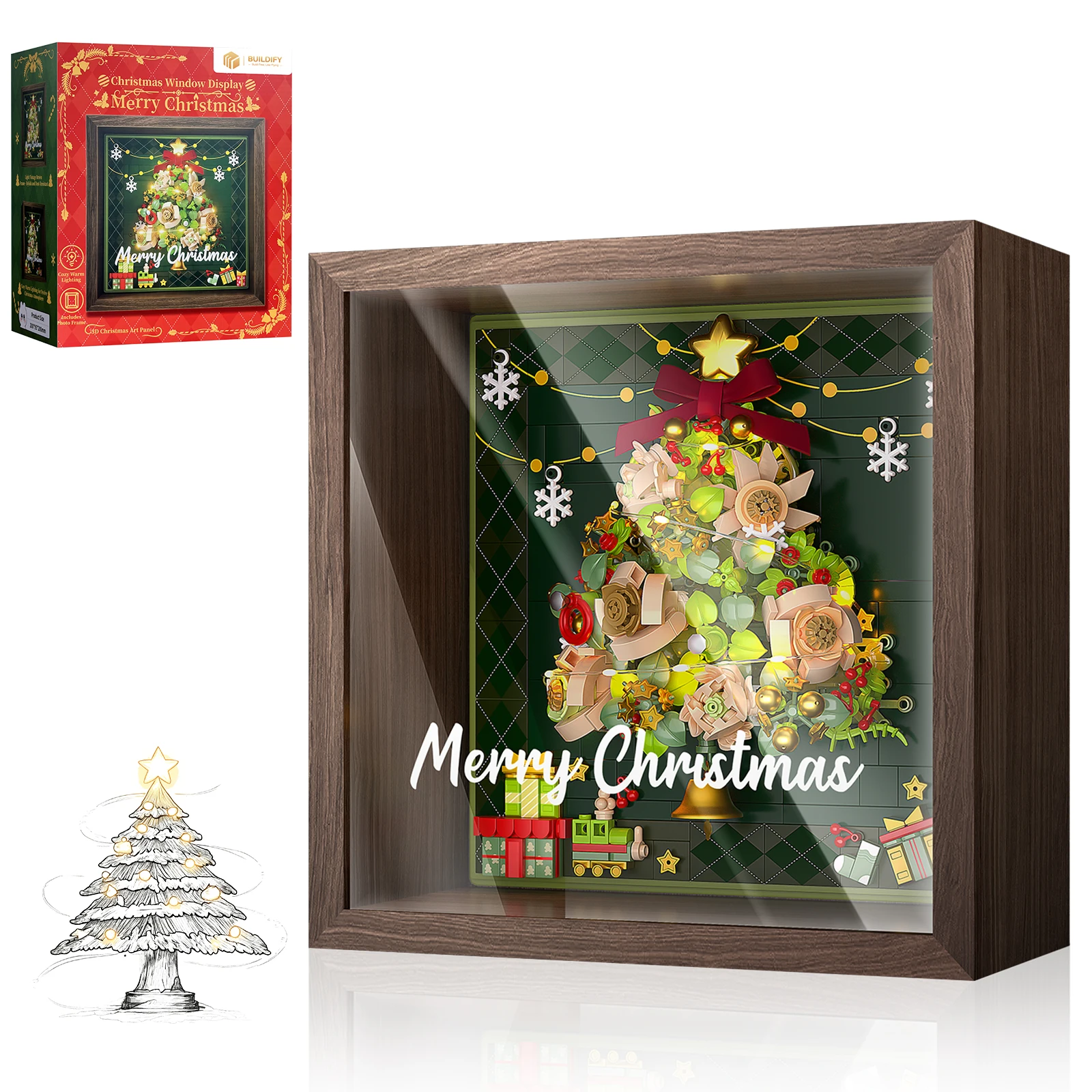 Weihnachts-Bausteine-Set für Schaufenster – Massivholzrahmen, DIY 3D-Baumpuzzle, künstlerische Heimdekoration, einzigartiges Weihnachtsgeschenk