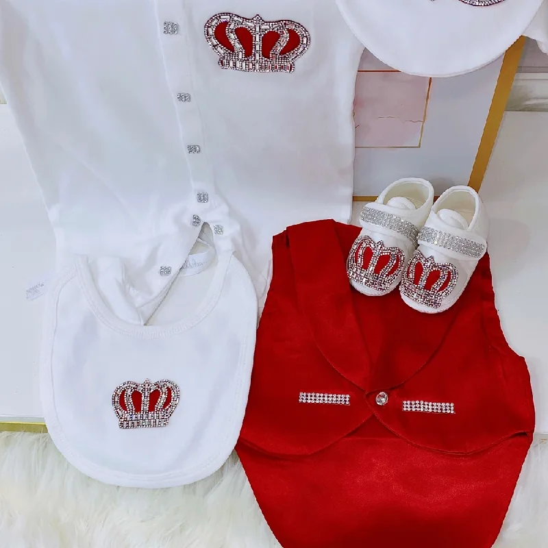 Boys Red Tailcoat Cummerbund Tuxedo Suit for Formal Event Baby Wedding Costume Toddler Little Gentleman Bling Romper Blanket Set