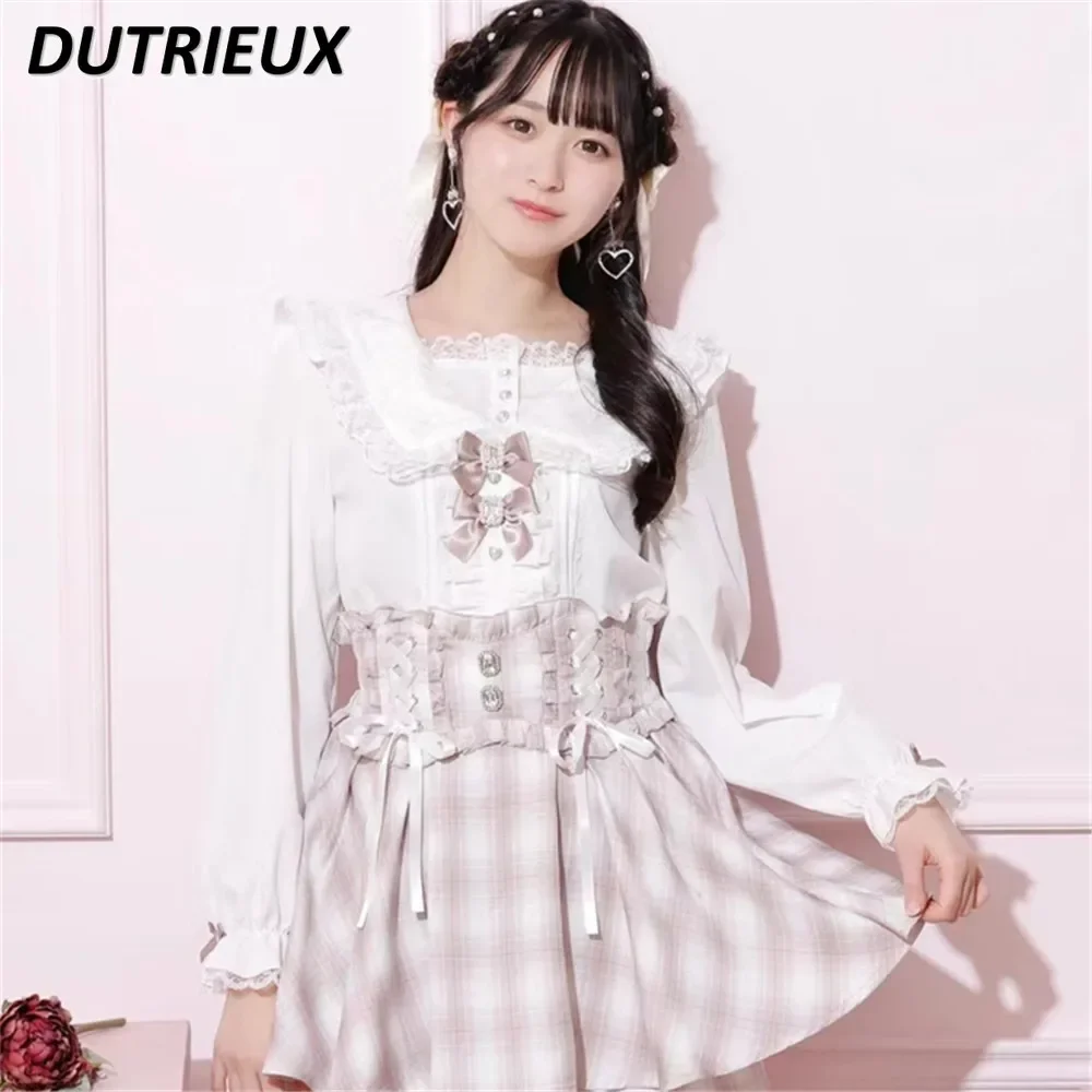 Japanese Style Original New Mine Versatile Shirt Spring Sweet Girls Lace Camisas Cute Bow Long-sleeved Tops for Women